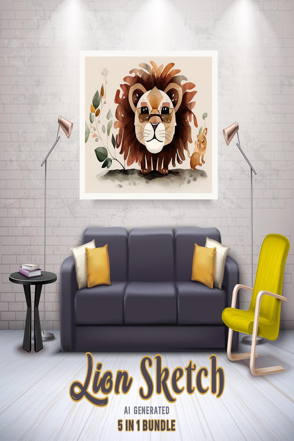 Free Creative & Cute Lion Watercolor Painting Art Vol 12 pinterest preview image.