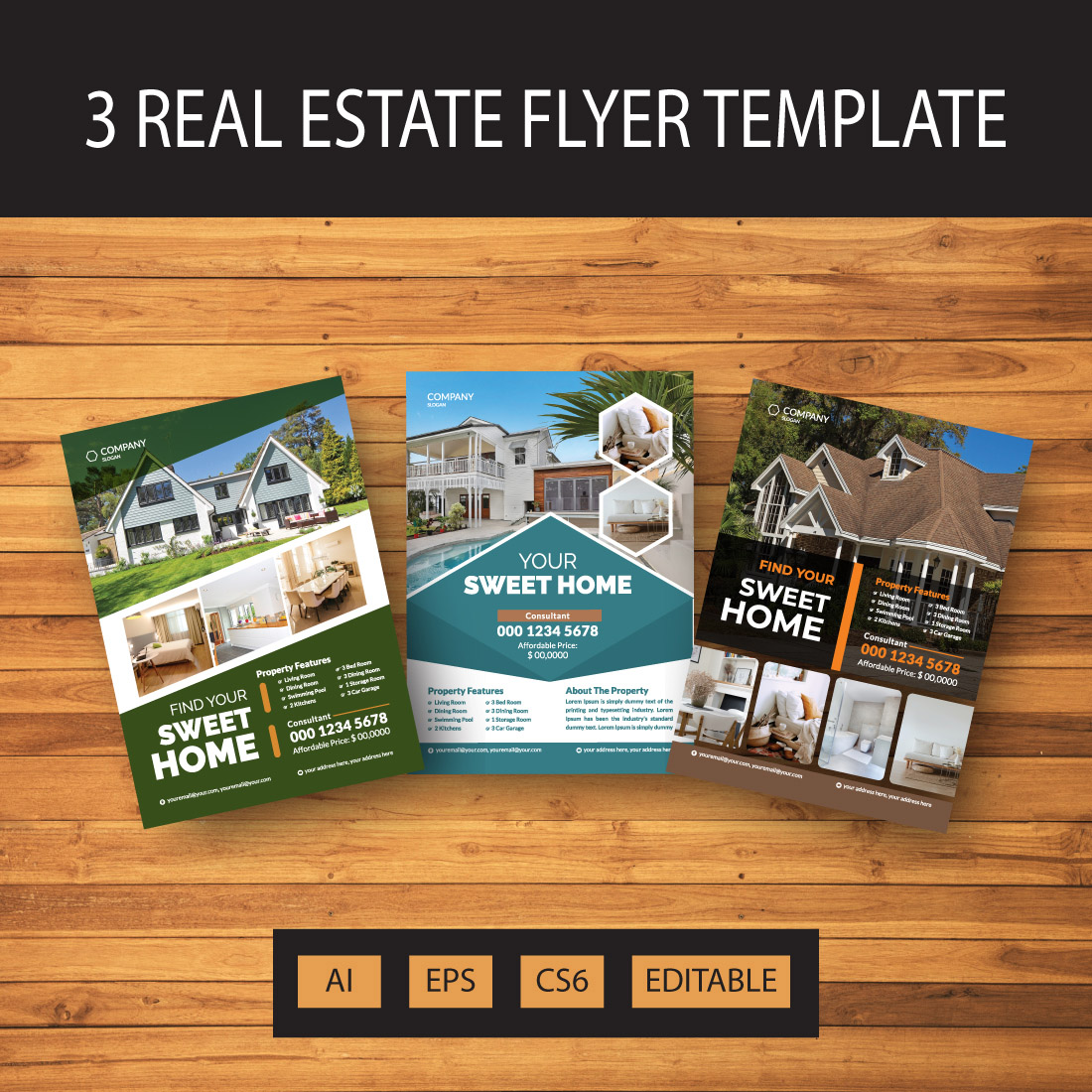 3 Real Estate Flyer Template Design cover image.