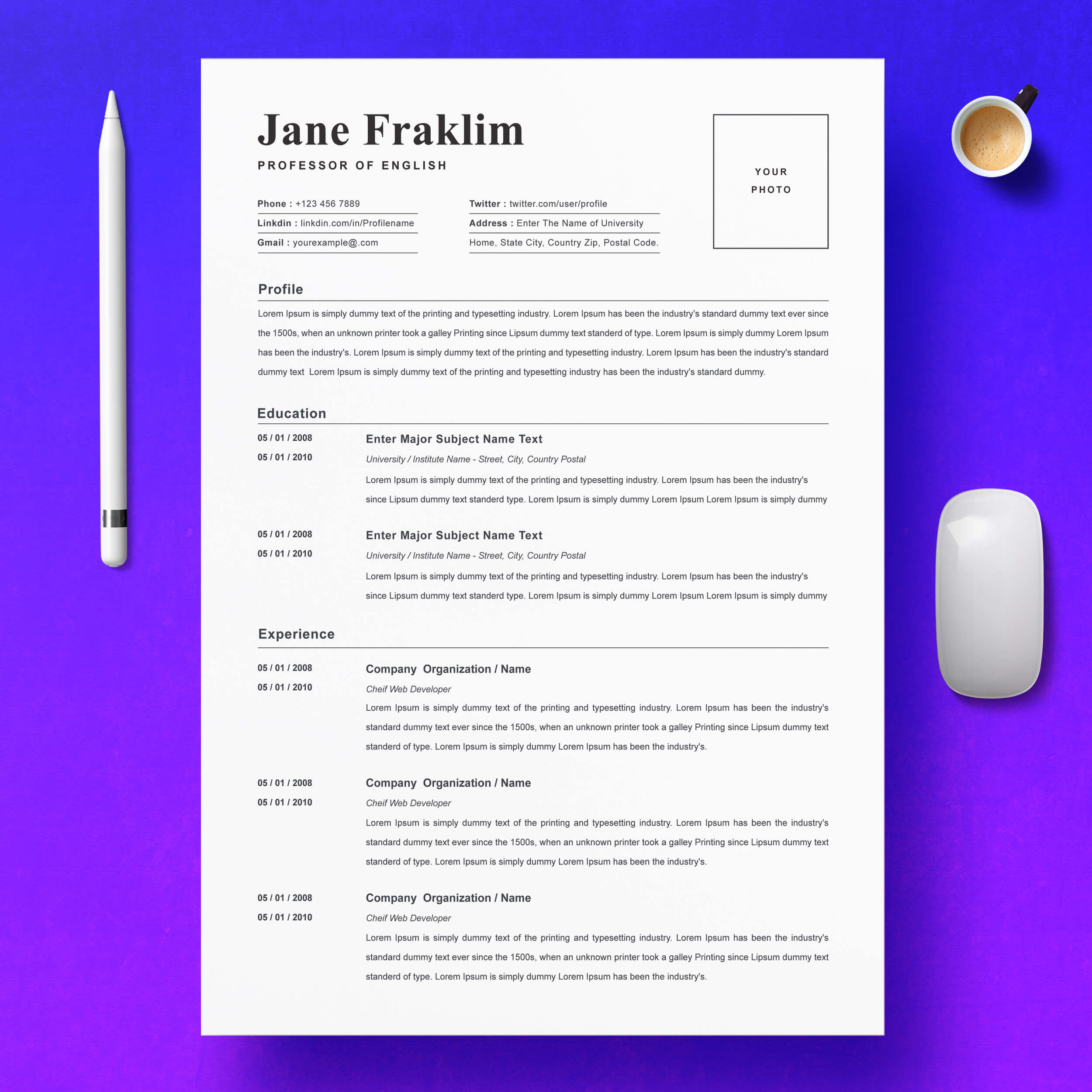 Professor Of English Resume Template | Simple Resume Template cover image.
