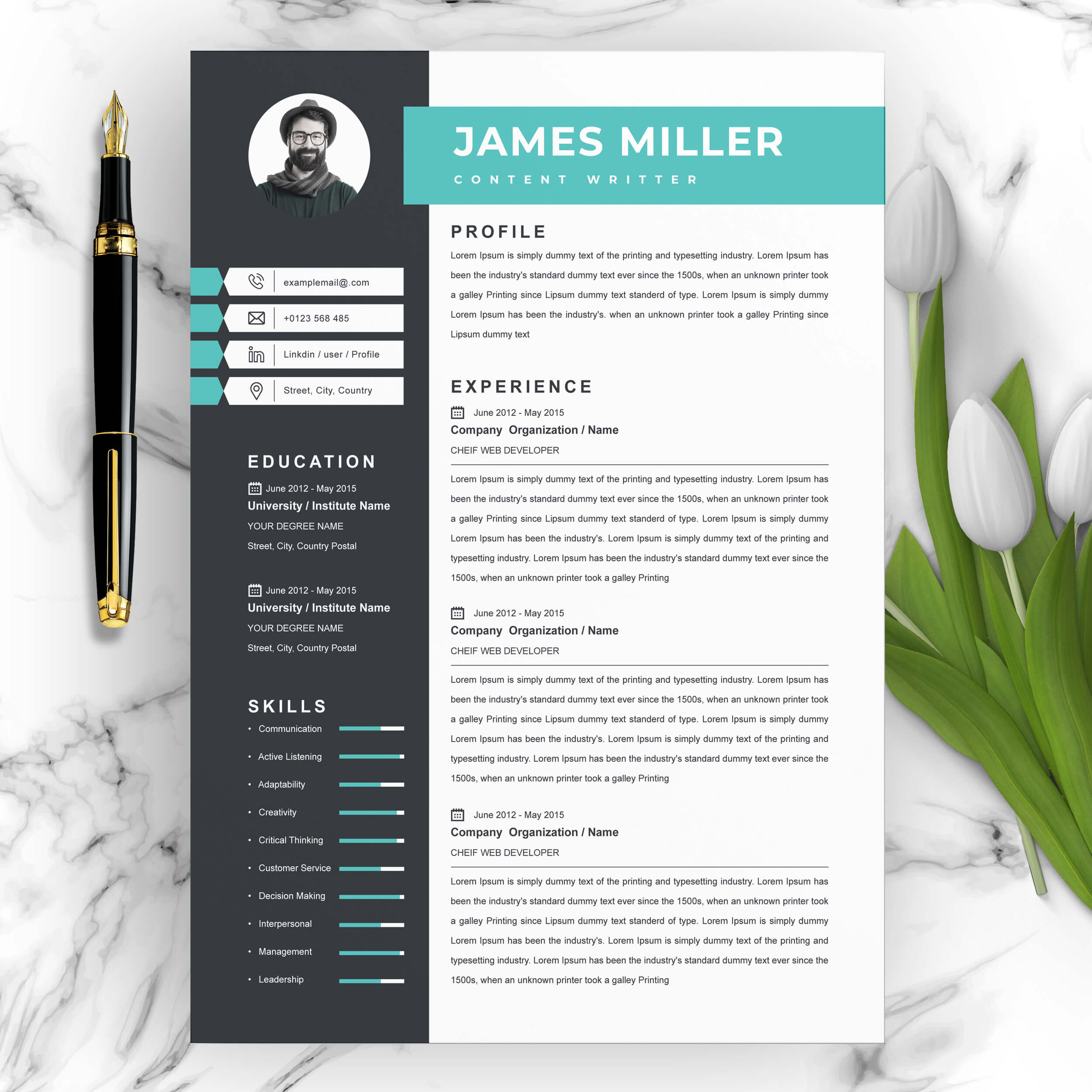Content Writer Professional Resume Template | CV Template | Resume Template in Word PSD Format cover image.