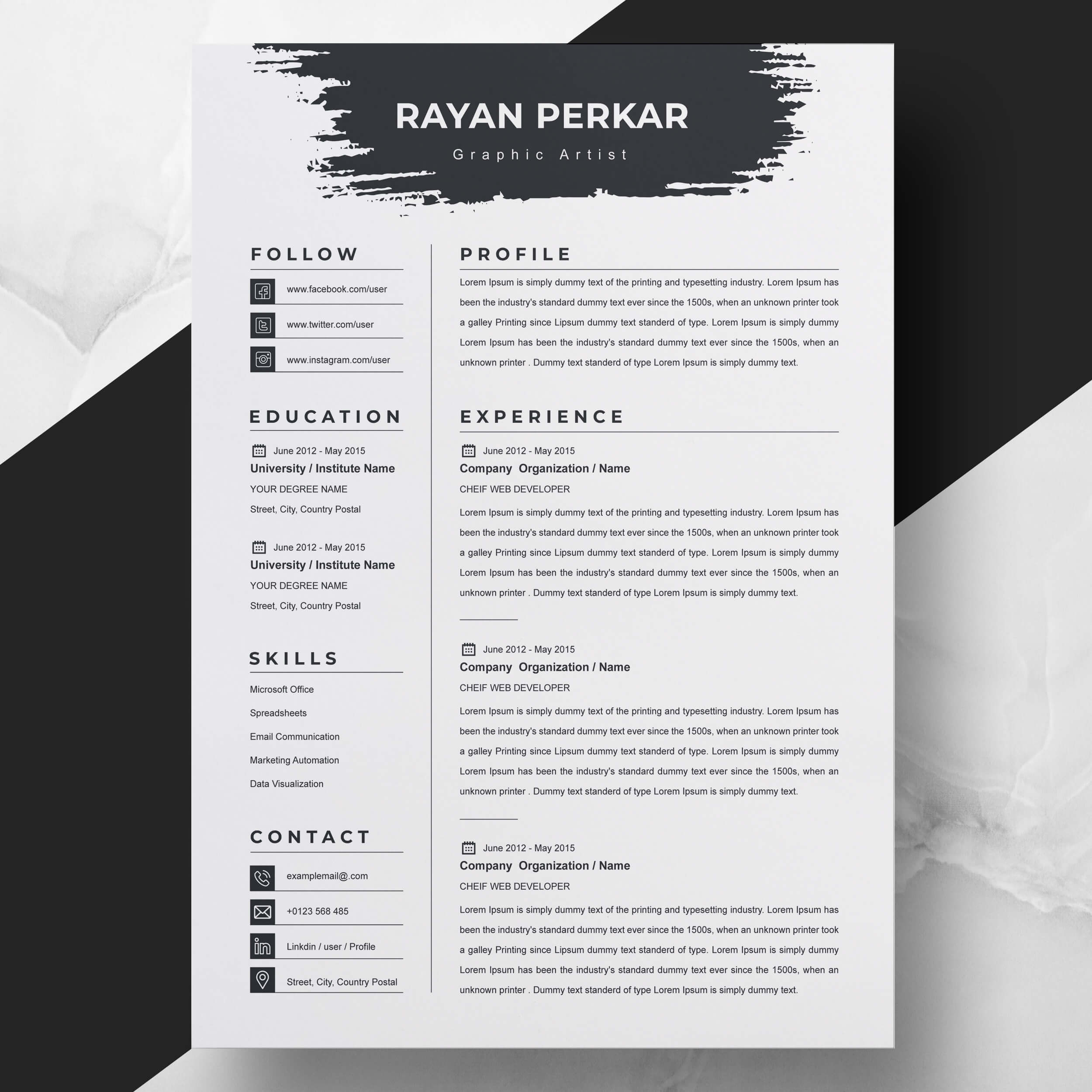 Graphic Artist CV Template | Clean Modern Resume Template | Resume Template Word Format cover image.