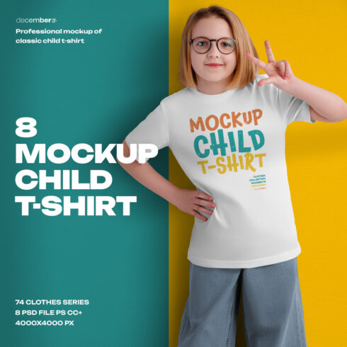 8 Mockups of a Children's T-shirt on a Girl with Glasses cover image.