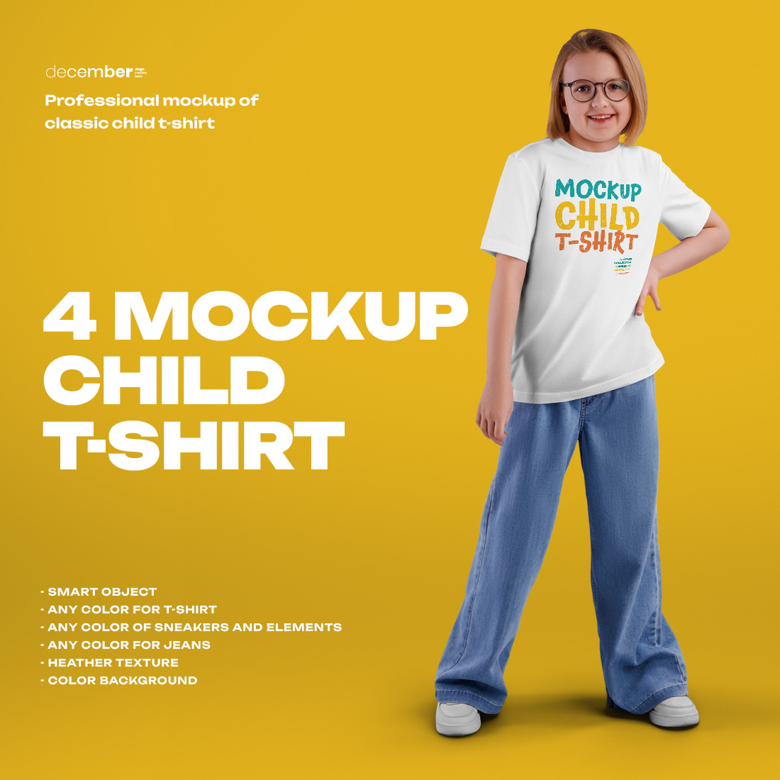 4 Mockups of a Children's T-shirt on a Girl with Glasses cover image.