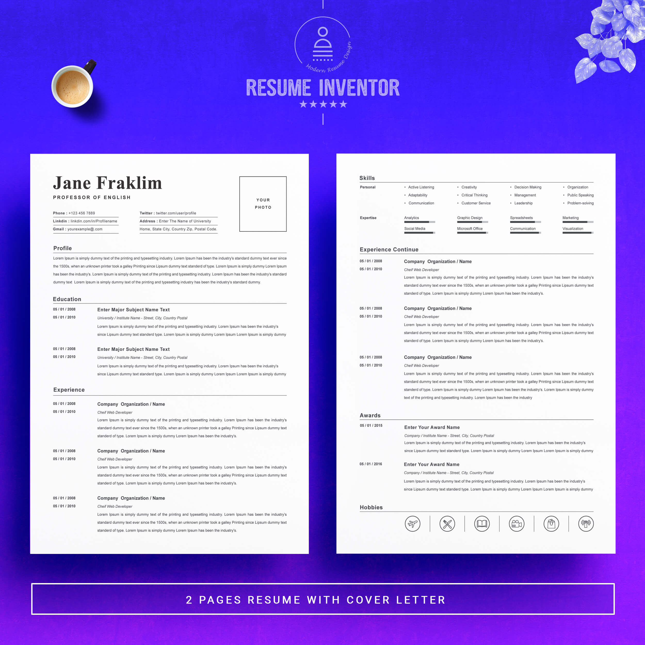 Professor Of English Resume Template | CV Template Design | Modern Template preview image.