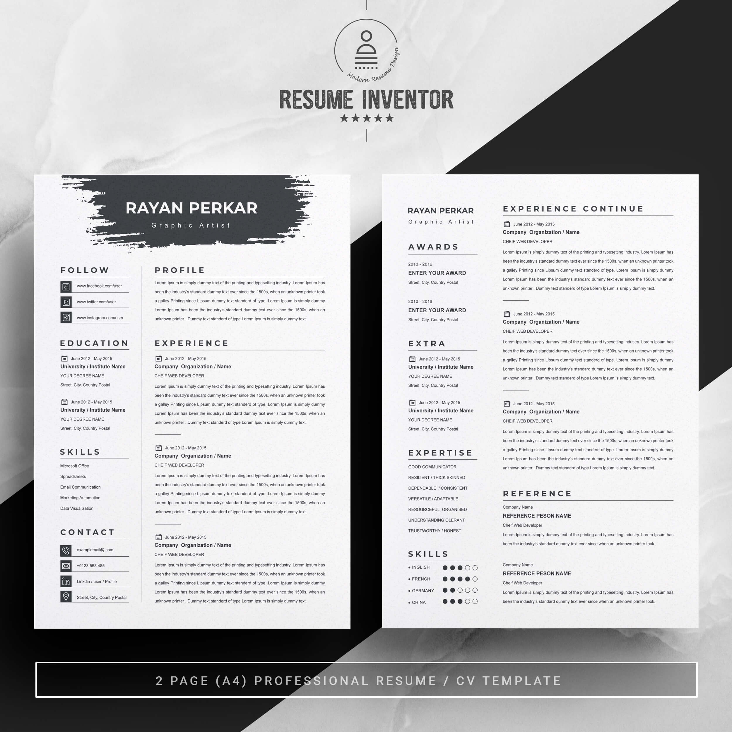 Graphic Artist CV Template | Clean Modern Resume Template | Resume Template Word Format preview image.