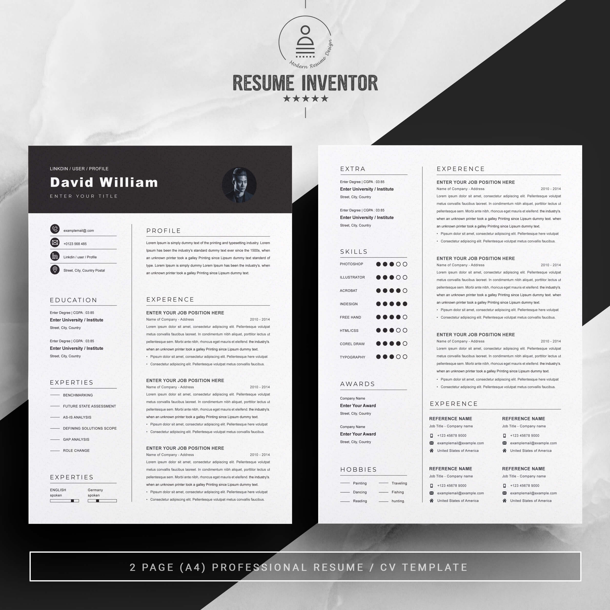 Black & White Resume Template | Professional CV Template preview image.