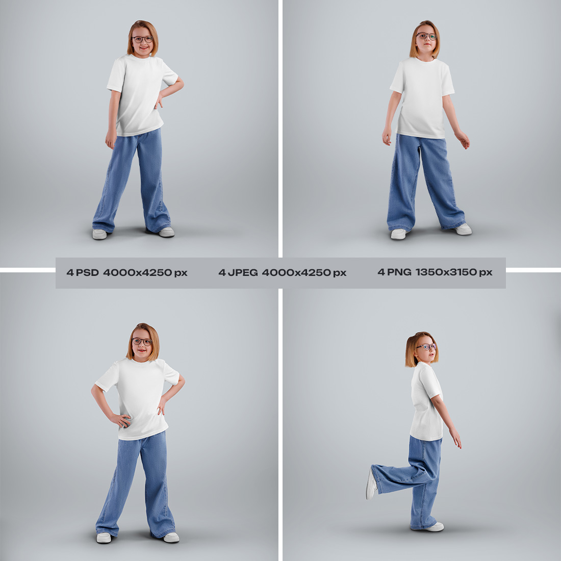4 Mockups of a Children's T-shirt on a Girl with Glasses preview image.