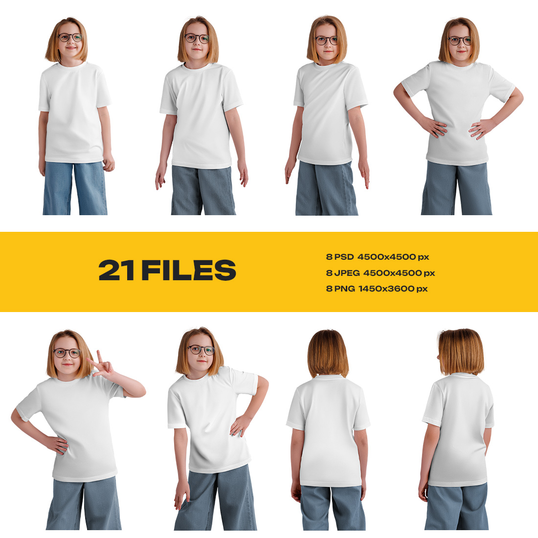 8 Mockups of a Children's T-shirt on a Girl with Glasses preview image.