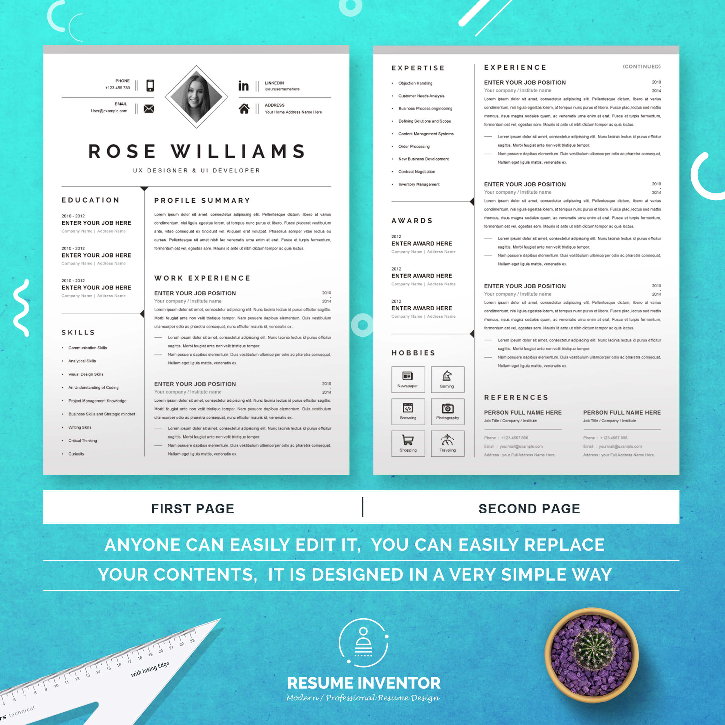 UX Designer UI Developer Resume Template | Word Resume Template preview image.