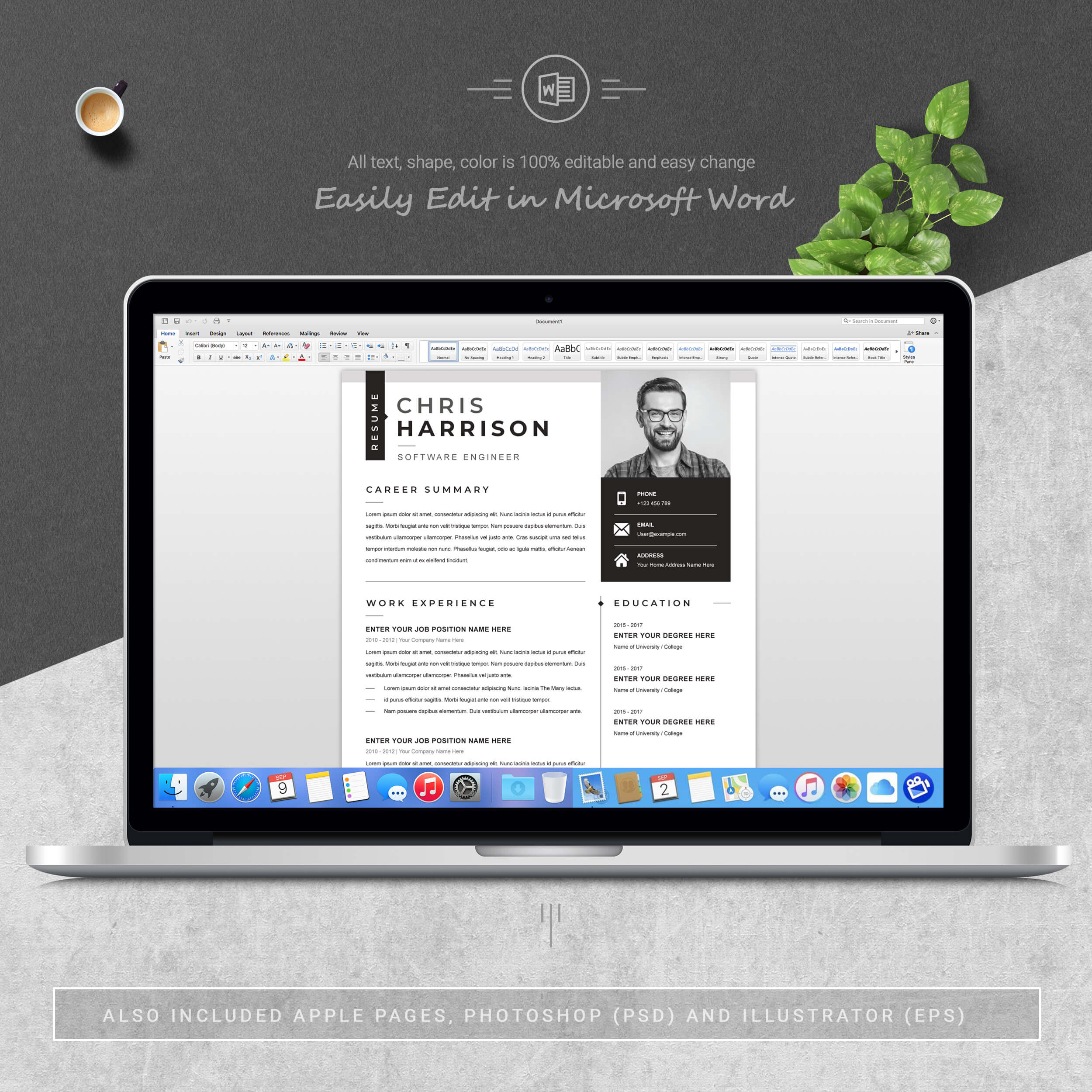 05 3 pages free resume ms word file format design template 812