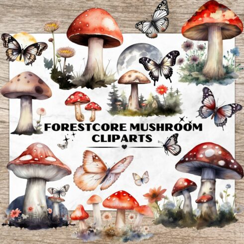 24 Forestcore Mushroom & Butterfly Bundle, Watercolor Clipart, Cottagecore Cliparts, Magic Mystical Mushrooms, Digital Paper Craft, Transparent PNG for Scrapbook, Invitation, Wall Art, T-Shirt Design cover image.
