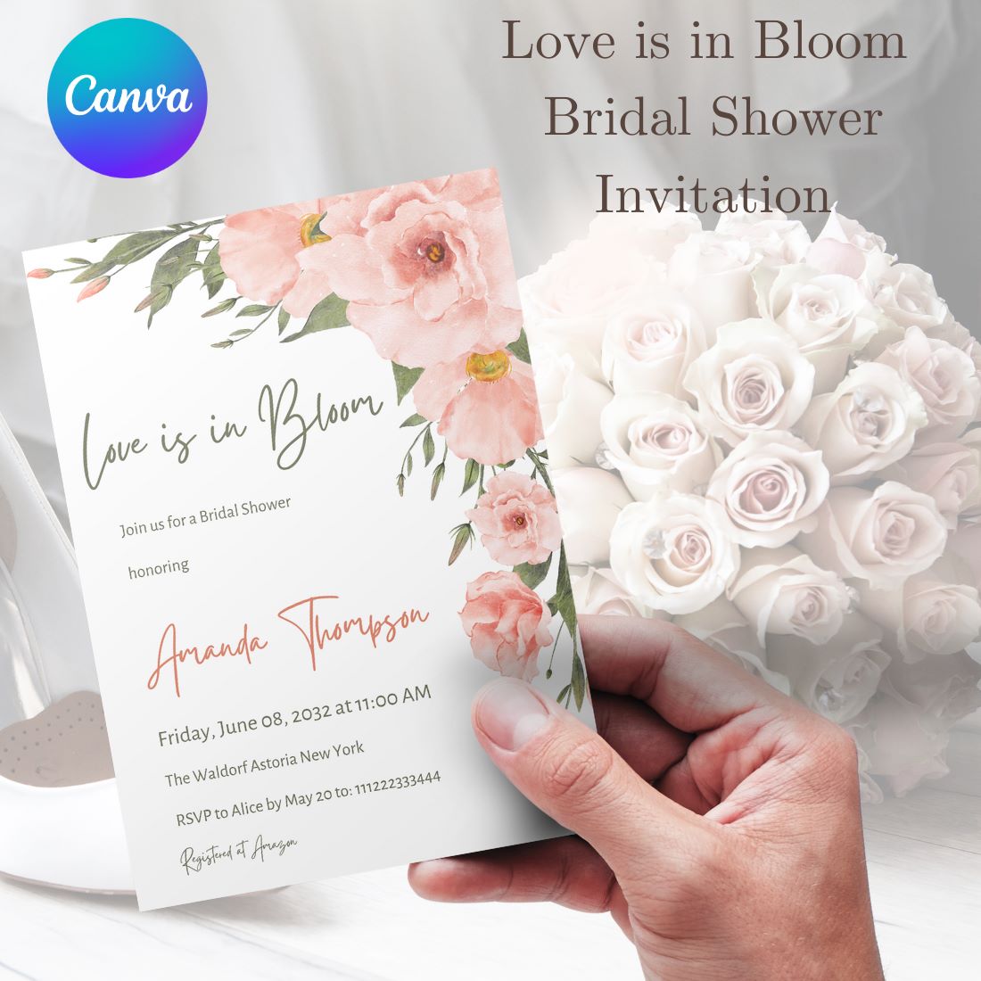 Love is in Bloom Watercolor Floral Bridal Shower Invitation cover image.