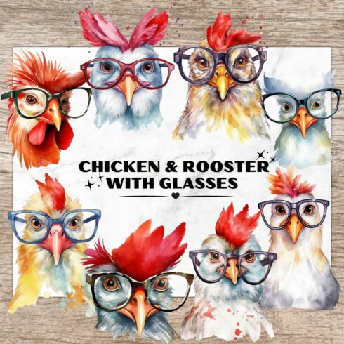 Chicken & Rooster with Glasses Bundle, Watercolor Clipart PNG, Chicken Cliparts, Rooster Clipart, funny Animal Designs, Animals with Glasses, Transparent PNG, Digital Paper Craft, Scrapbooking, Invitation, Wall Art, T-Shirt Design cover image.