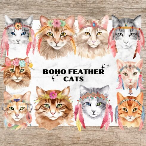 18 Boho Style Feather Cats PNG, Watercolor Clipart, Boho Cats, Transparent PNG, Digital Paper Craft, Watercolor Clipart for Scrapbook, Invitation, Wall Art, T-Shirt Design cover image.
