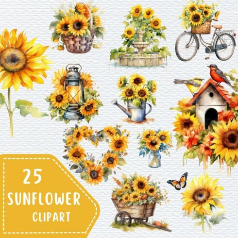 Watercolor Sunflowers PNG, Clipart, Transparent, Summer clipart, wedding clipart, Nursery Art, Hand drawn illustrations, watercolor clipart cover image.
