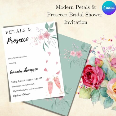 Modern Petals and Prosecco Floral Bridal Shower Invitation template cover image.