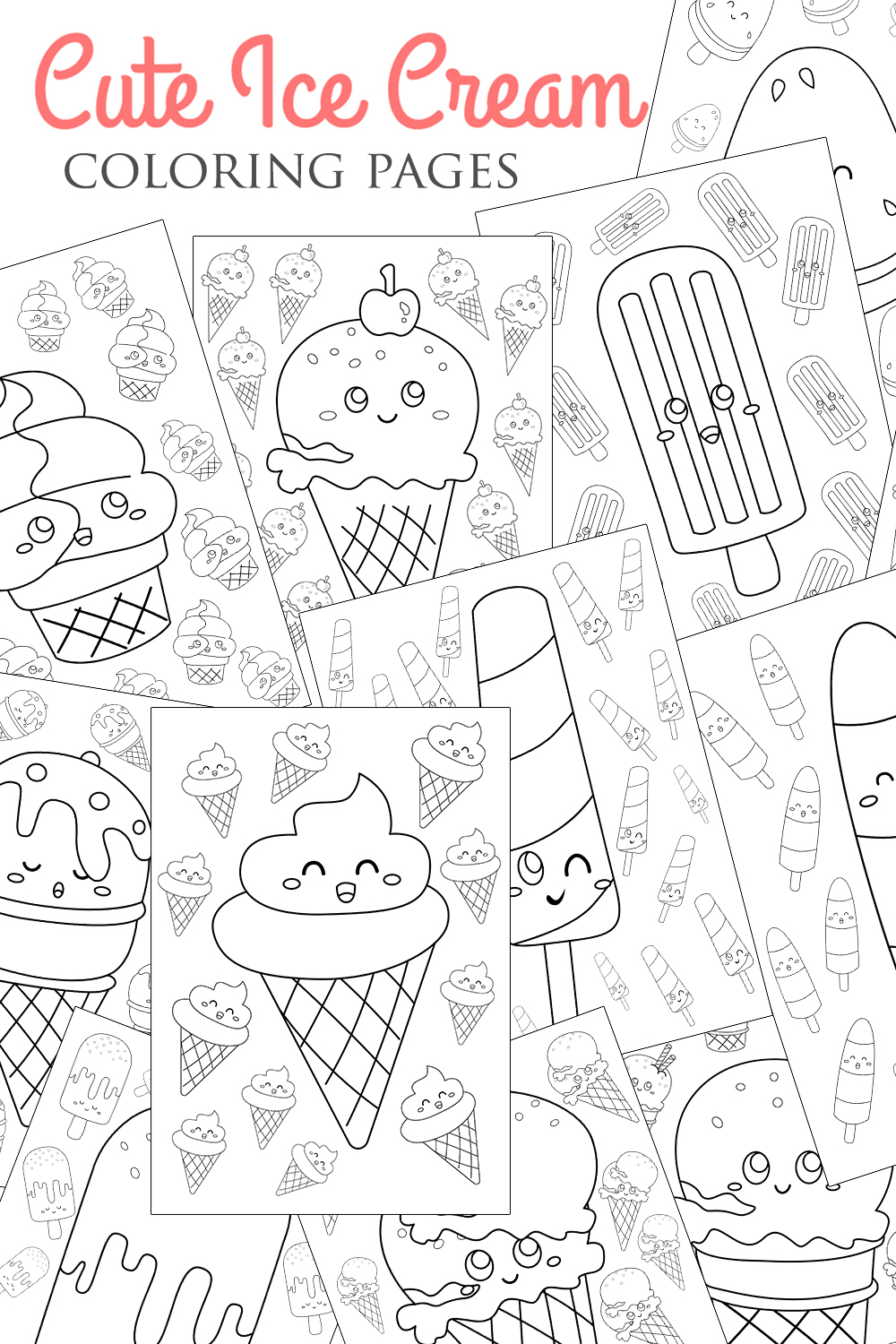 Cute Ice Cream Dessert Flavor Snack Cone Scoop Fruit Chocolate Strawberry Cup Sprinkle Doodle Funny Coloring for Kids and Adult Cartoon pinterest preview image.