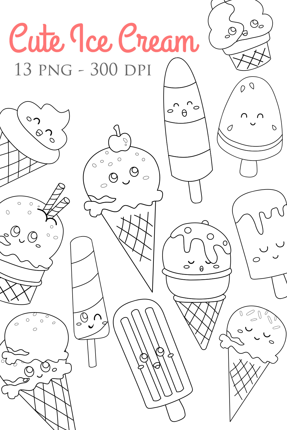 Cute Ice Cream Funny Flavor Dessert Snack Cone Scoop Stick Cup Fruit Sprinkle Chocolate Cherry Cartoon Digital Stamp Outline Black and White pinterest preview image.