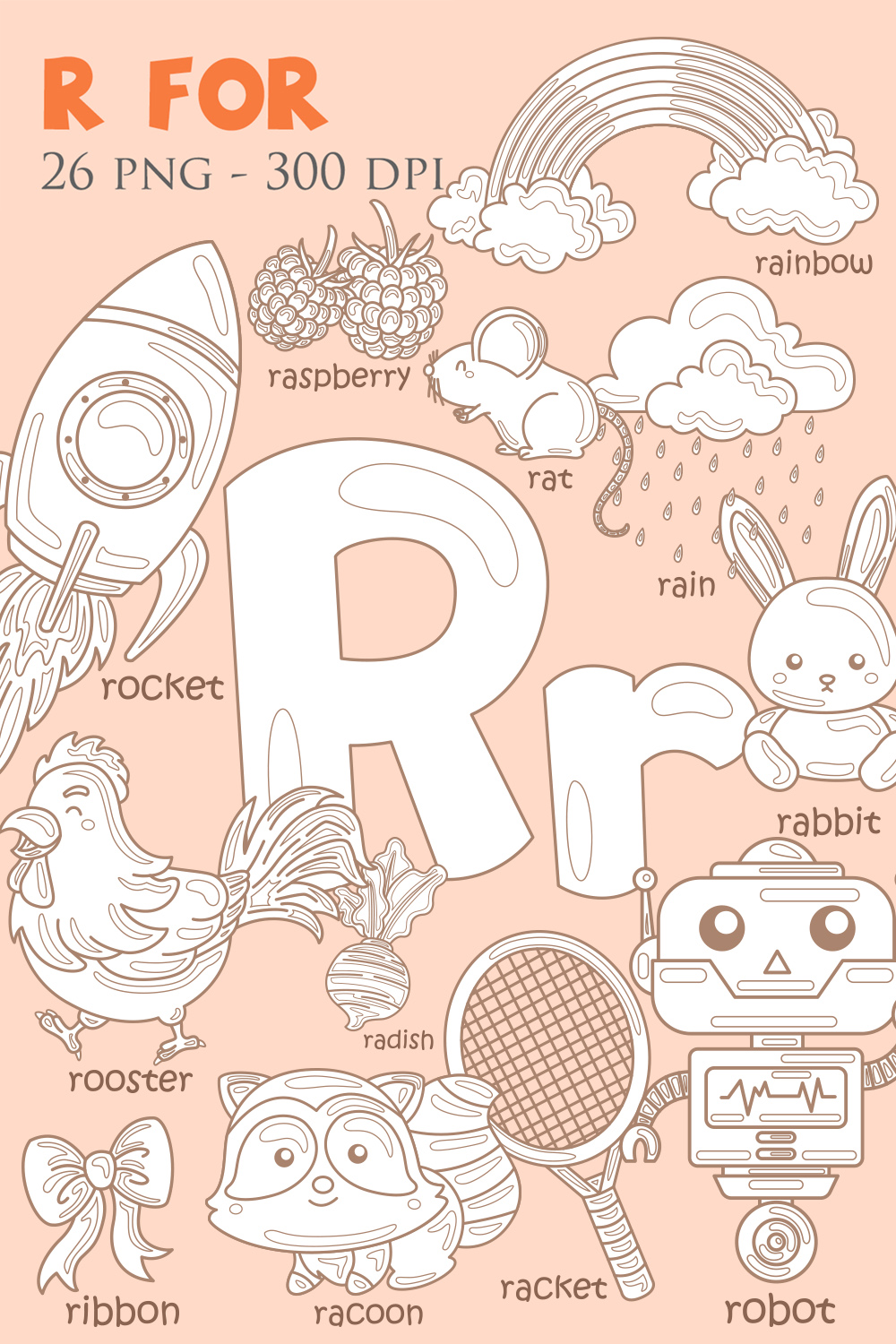 Alphabet R For Vocabulary School Lesson Rocket Robot Rat Rabbit Radish Ribbon Racoon Racket Rainbow Raspberry Rain Rooster Cartoon Digital Stamp Outline Black and White pinterest preview image.
