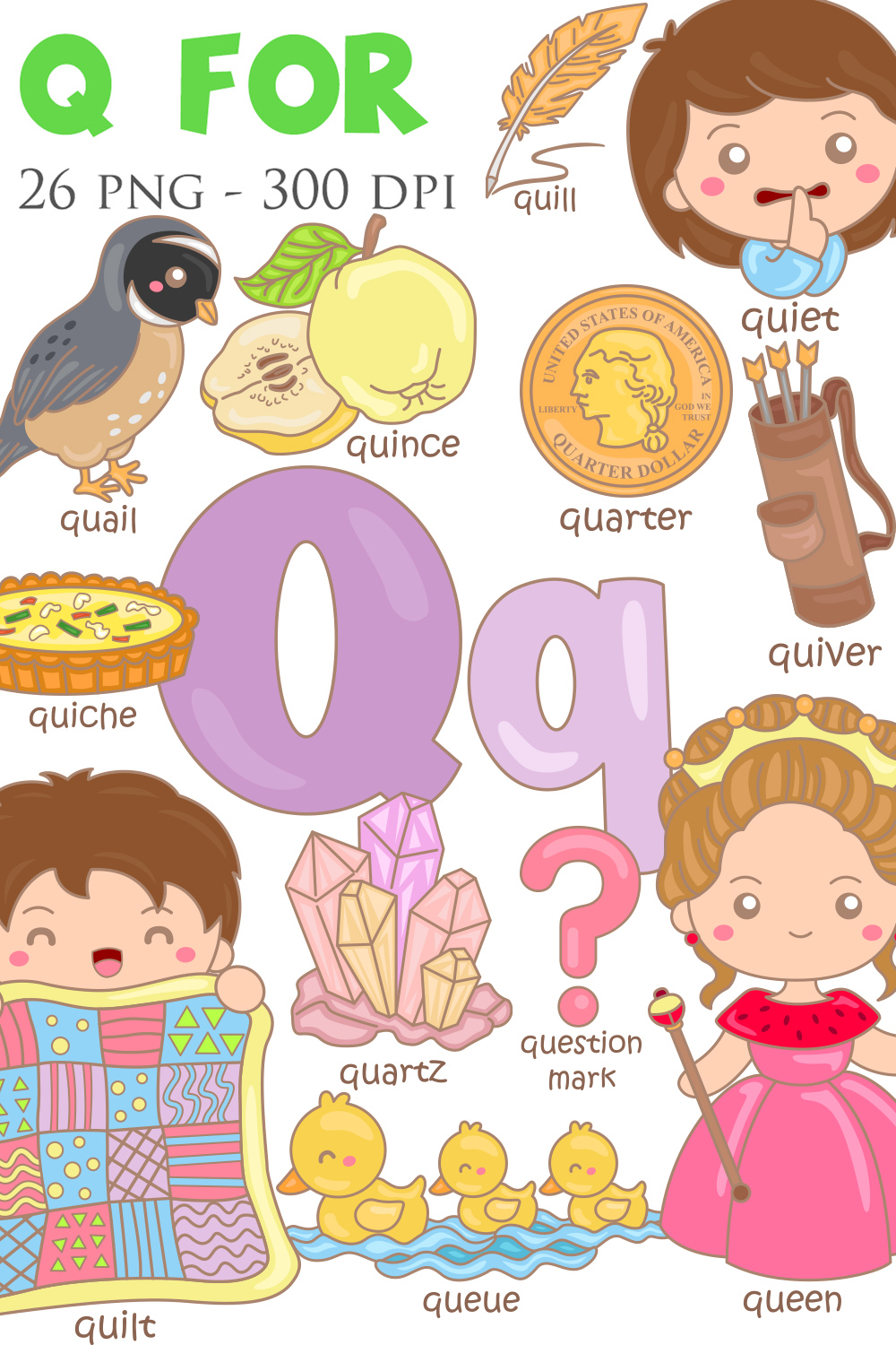 Alphabet Q For Vocabulary School Lesson Queen Quail Quit Queque Quartz Quit Quinche Quill Quarter Question MarkIllustration Vector Clipart Cartoon pinterest preview image.