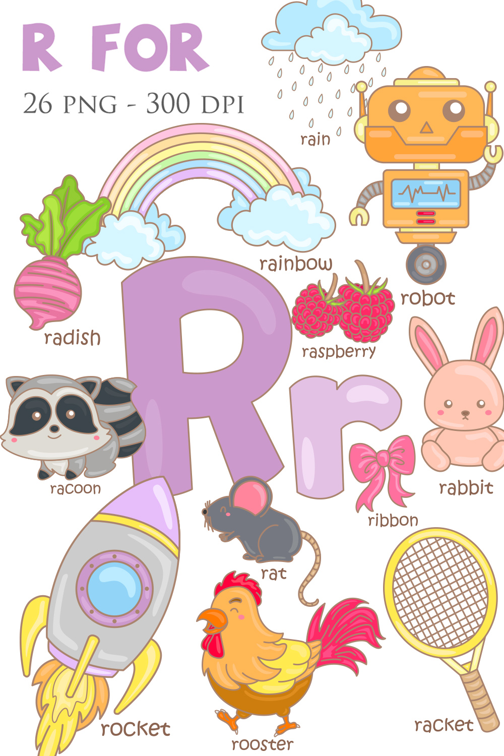 Alphabet R For Vocabulary School Lesson Rocket Robot Rat Rabbit Radish Ribbon Racoon Racket Rainbow Raspberry Rain Rooster Illustration Vector Clipart Cartoon pinterest preview image.
