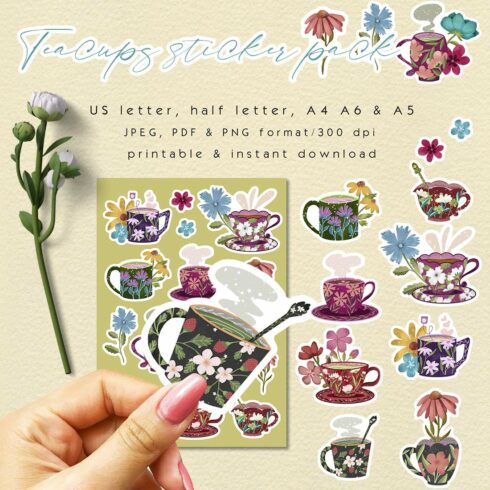 Floral teacup sticker pack cover image.