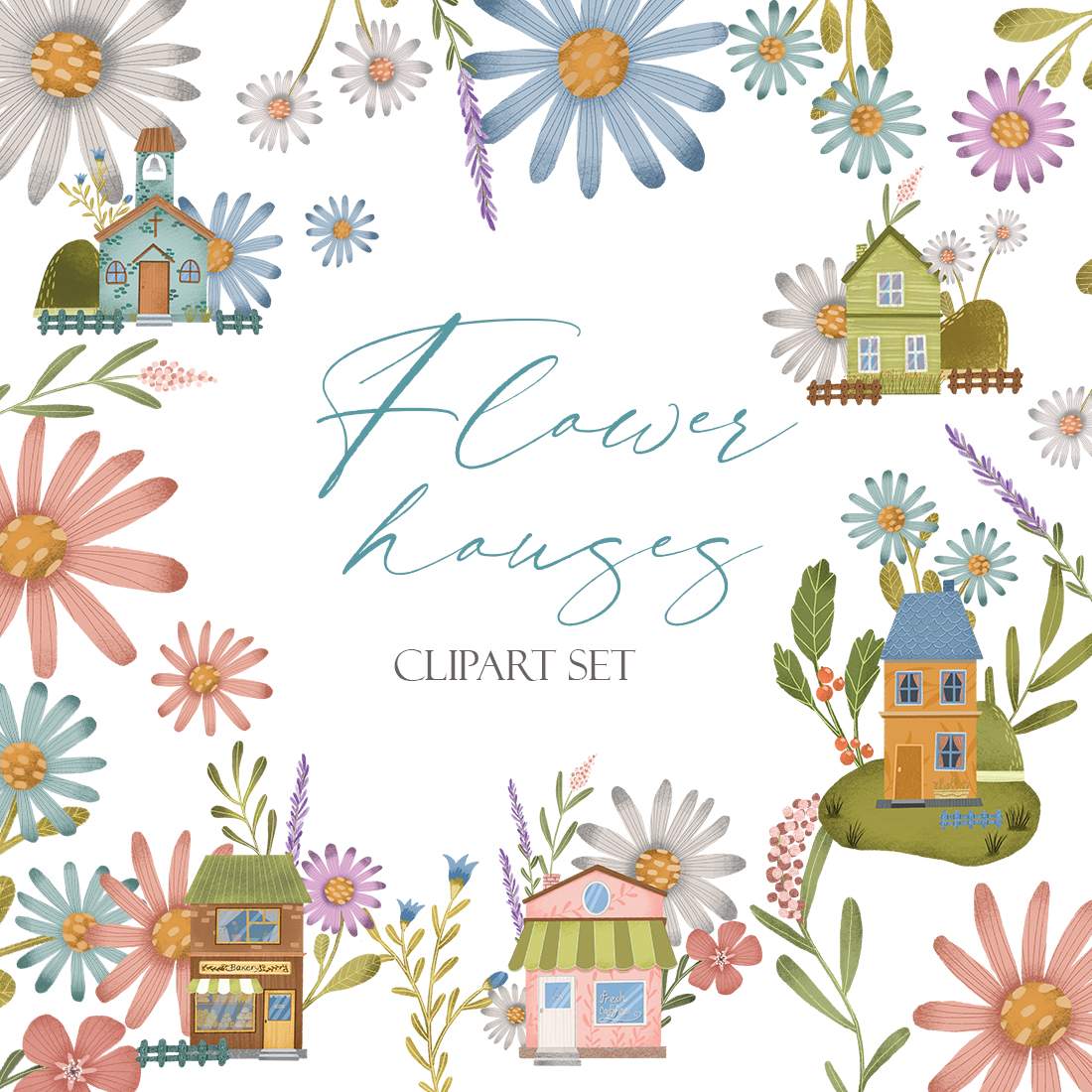 Cute Flowery house clipart collection cover image.