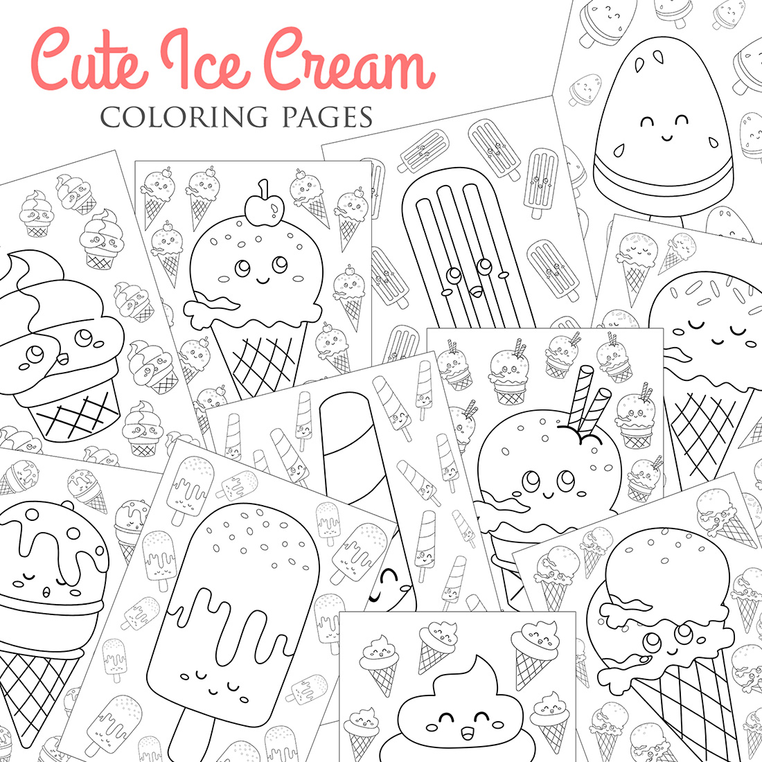Cute Ice Cream Dessert Flavor Snack Cone Scoop Fruit Chocolate Strawberry Cup Sprinkle Doodle Funny Coloring for Kids and Adult Cartoon cover image.