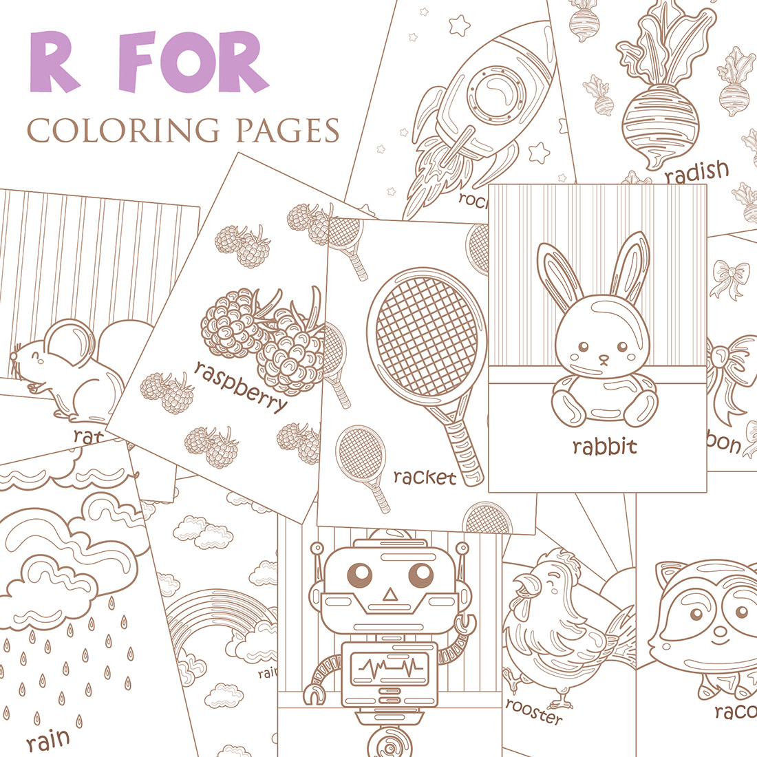 Alphabet R For Vocabulary School Lesson Rocket Robot Rat Rabbit Radish Ribbon Racoon Racket Rainbow Raspberry Rain Rooster Cartoon Coloring for Kids and Adult cover image.