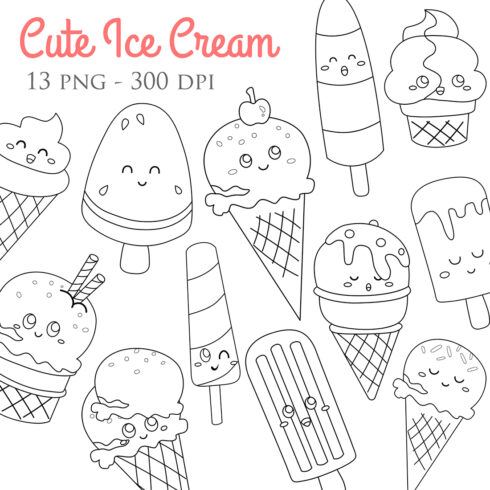 Cute Ice Cream Funny Flavor Dessert Snack Cone Scoop Stick Cup Fruit Sprinkle Chocolate Cherry Cartoon Digital Stamp Outline Black and White cover image.
