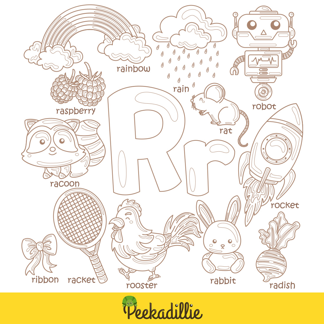 Alphabet R For Vocabulary School Lesson Rocket Robot Rat Rabbit Radish Ribbon Racoon Racket Rainbow Raspberry Rain Rooster Cartoon Digital Stamp Outline Black and White preview image.