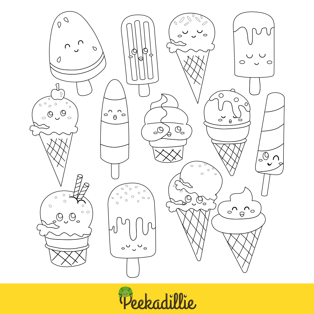 Cute Ice Cream Funny Flavor Dessert Snack Cone Scoop Stick Cup Fruit Sprinkle Chocolate Cherry Cartoon Digital Stamp Outline Black and White preview image.