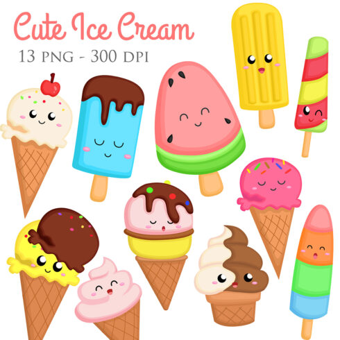 Cute Ice Cream Colorful Flavor Dessert Snack Scoop Cone Stick Fruit Fresh Illustration Vector Clipart Cartoon cover image.