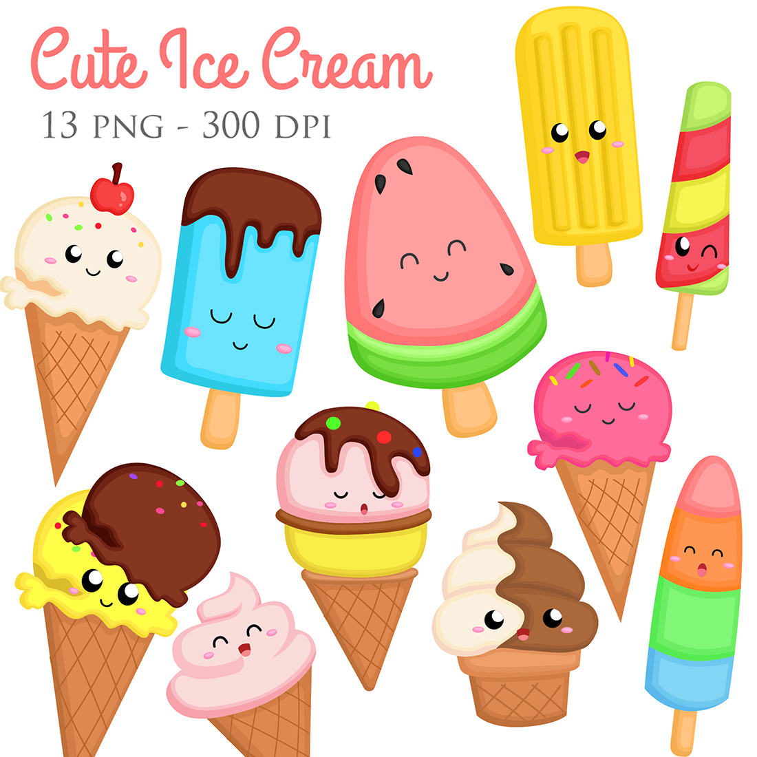 Cute Ice Cream Colorful Flavor Dessert Snack Scoop Cone Stick Fruit Fresh Illustration Vector Clipart Cartoon cover image.