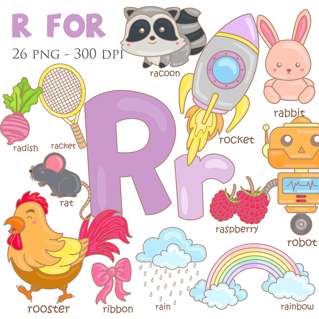 Alphabet R For Vocabulary School Lesson Rocket Robot Rat Rabbit Radish Ribbon Racoon Racket Rainbow Raspberry Rain Rooster Illustration Vector Clipart Cartoon cover image.