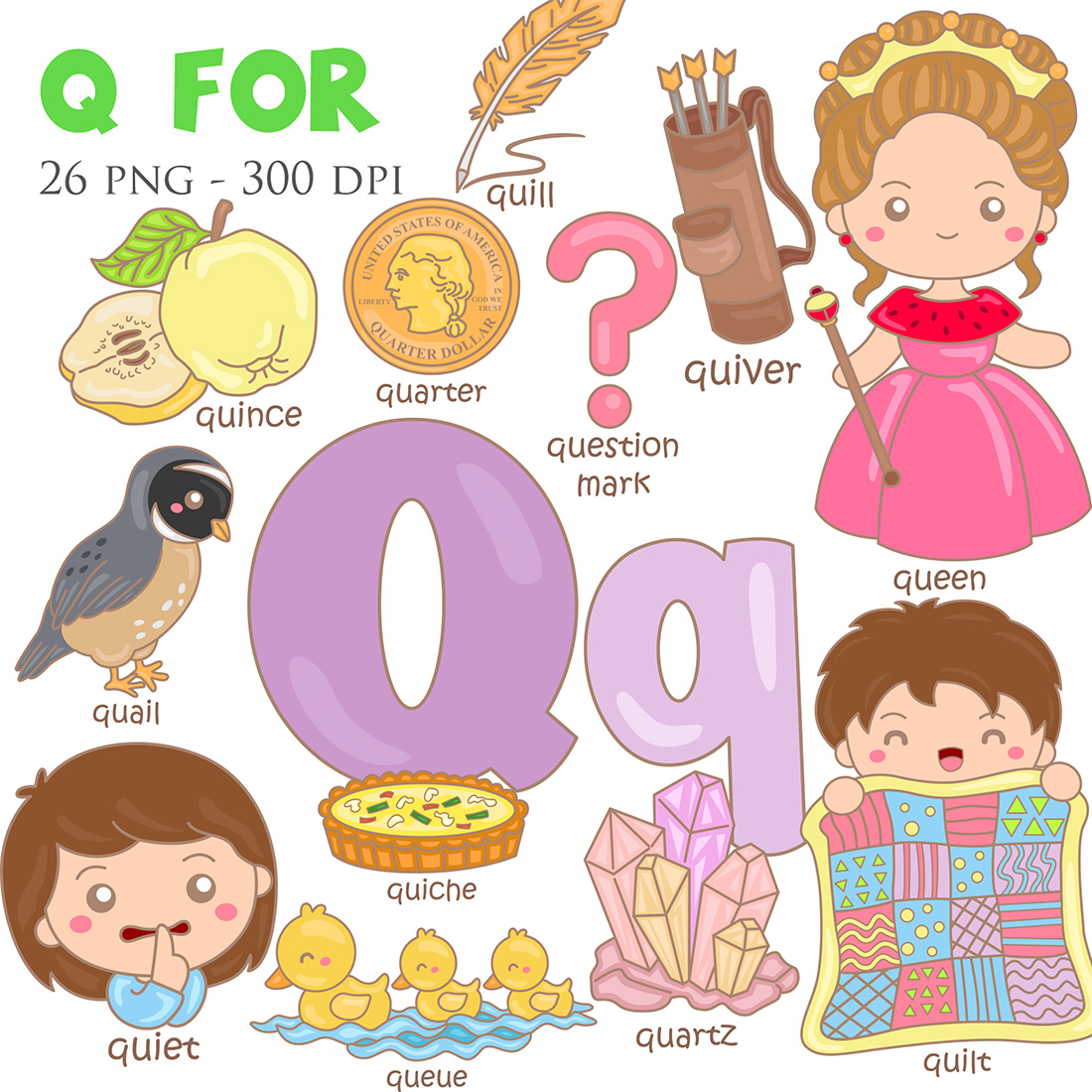 Alphabet Q For Vocabulary School Lesson Queen Quail Quit Queque Quartz Quit Quinche Quill Quarter Question MarkIllustration Vector Clipart Cartoon cover image.