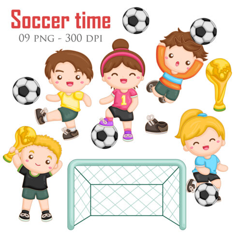 Happy Kids Playing Sport Soccer Ball Time Football Activity Outdoor Championship Tournament Illustration Vector Clipart Cartoon cover image.