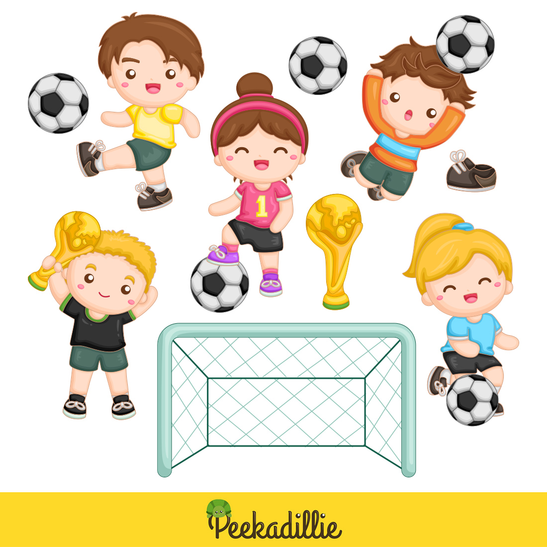 Happy Kids Playing Sport Soccer Ball Time Football Activity Outdoor Championship Tournament Illustration Vector Clipart Cartoon preview image.