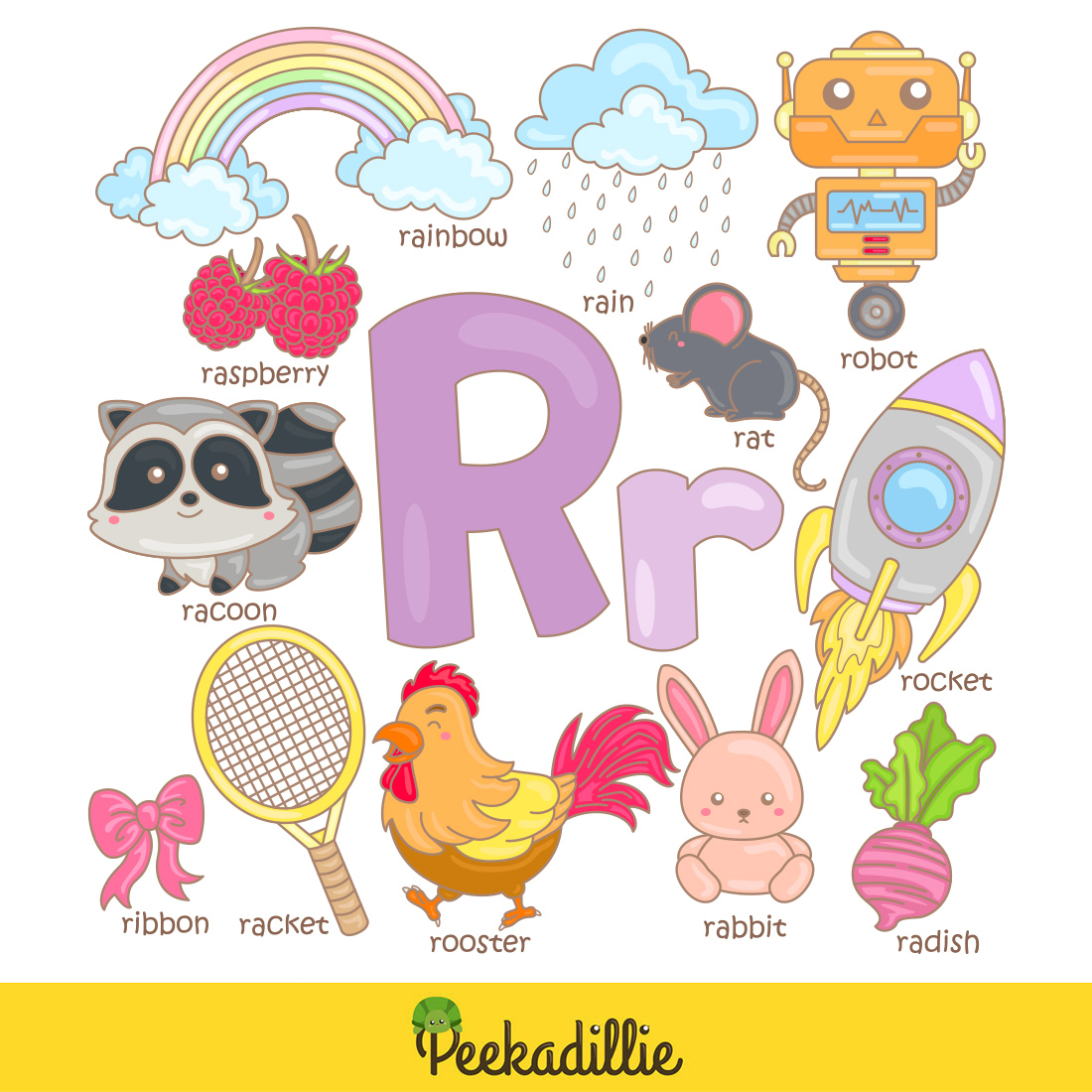 Alphabet R For Vocabulary School Lesson Rocket Robot Rat Rabbit Radish Ribbon Racoon Racket Rainbow Raspberry Rain Rooster Illustration Vector Clipart Cartoon preview image.