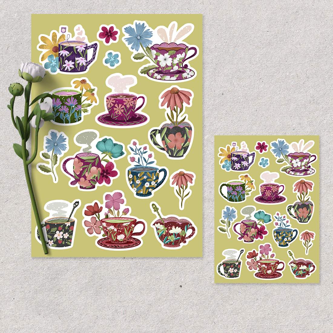 Floral teacup sticker pack preview image.