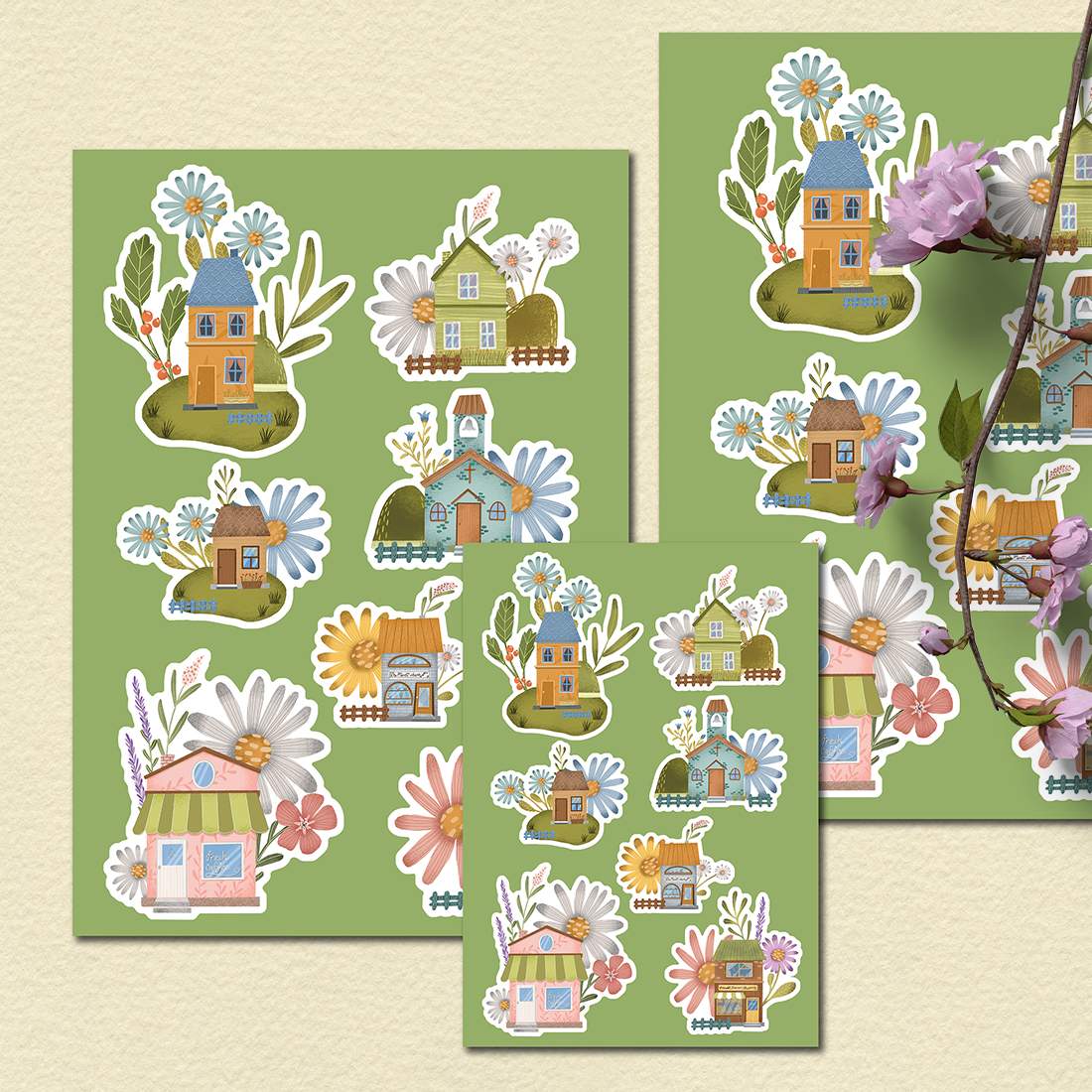 Cute floral house sticker pack preview image.