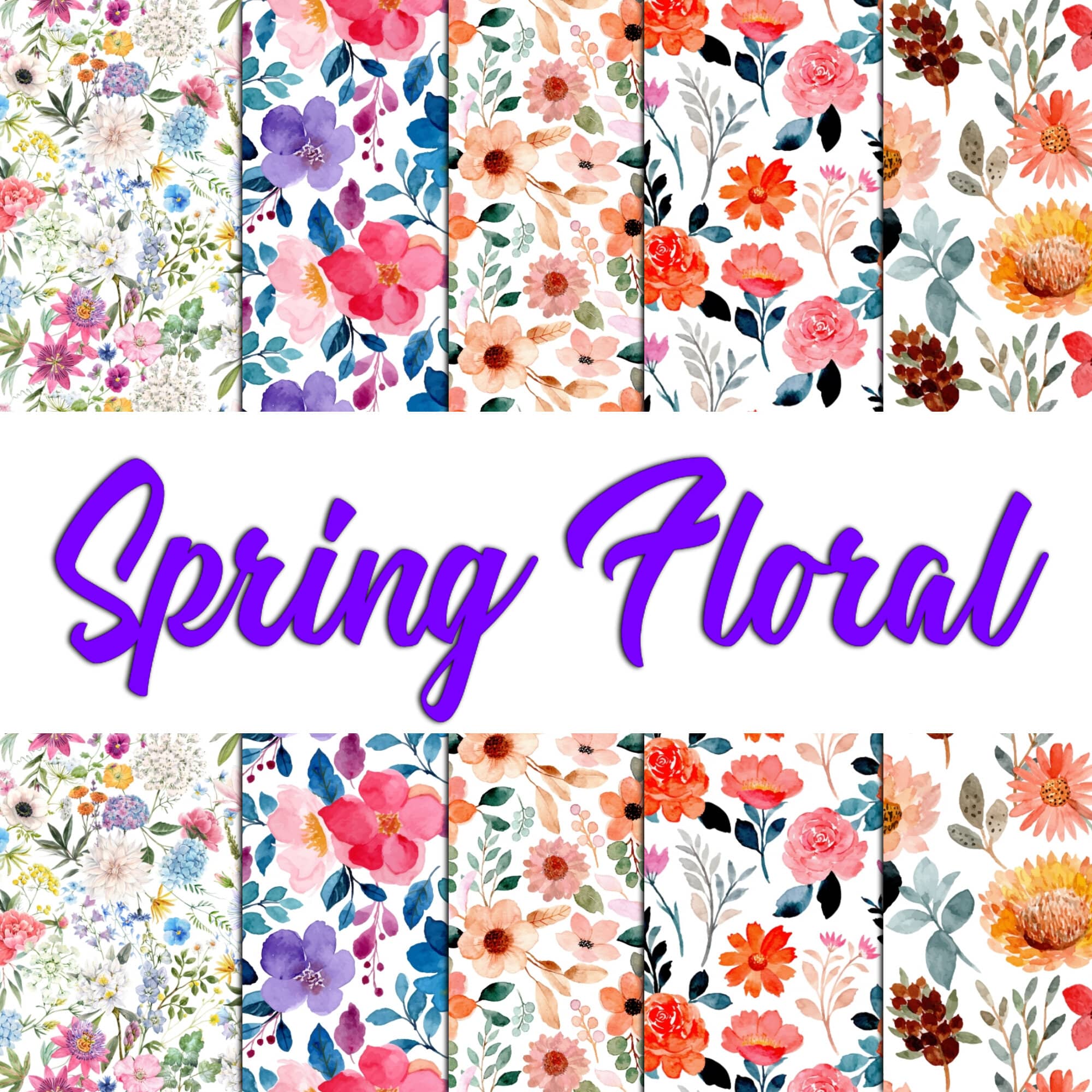 Spring Floral Watercolor - Flower Patterns - Pack of 5 - Floral Sublimation cover image.