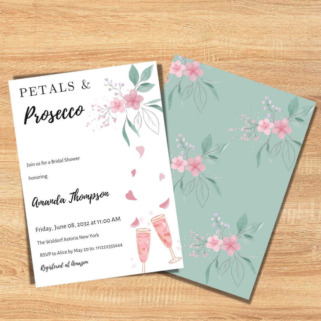 Modern Petals and Prosecco Floral Bridal Shower Invitation template preview image.