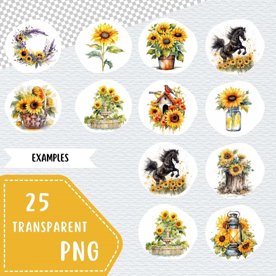 Watercolor Sunflowers PNG, Clipart, Transparent, Summer clipart, wedding clipart, Nursery Art, Hand drawn illustrations, watercolor clipart preview image.