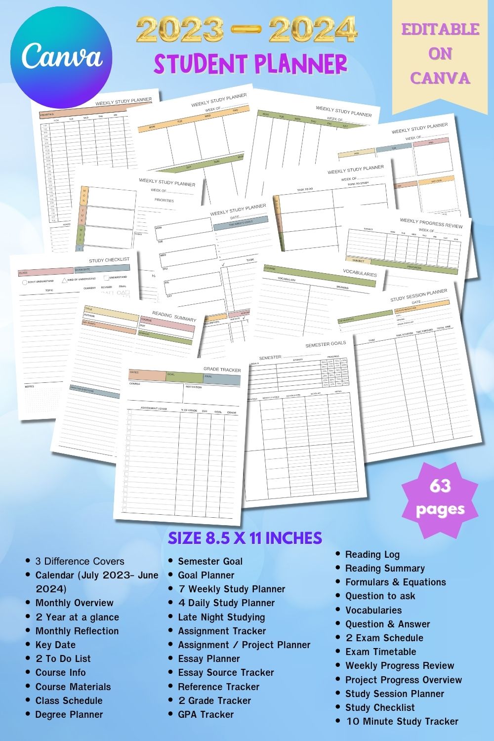 2023-2024 Student Planner - Canva Template pinterest preview image.