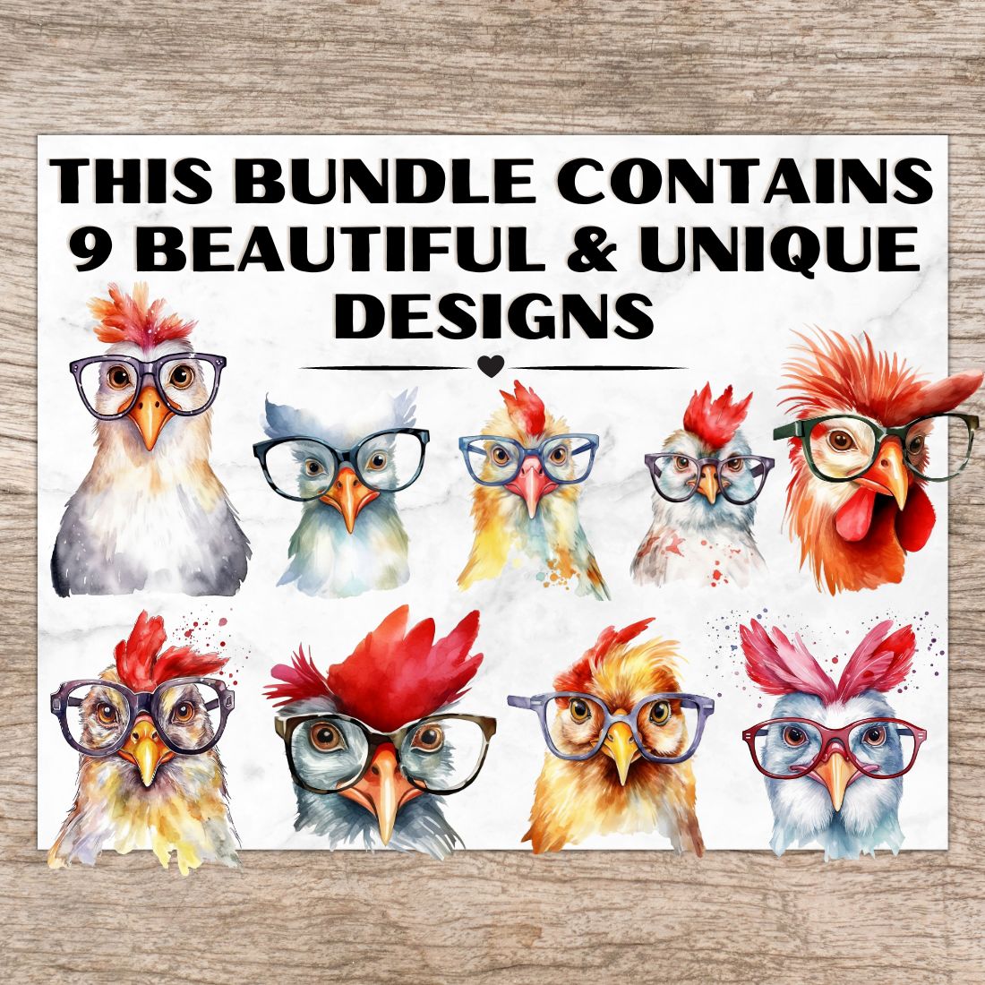 Chicken & Rooster with Glasses Bundle, Watercolor Clipart PNG, Chicken Cliparts, Rooster Clipart, funny Animal Designs, Animals with Glasses, Transparent PNG, Digital Paper Craft, Scrapbooking, Invitation, Wall Art, T-Shirt Design preview image.