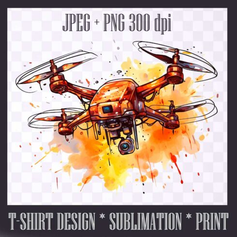 Orange drone design, transparent PNG/JPEG 300dpi cover image.