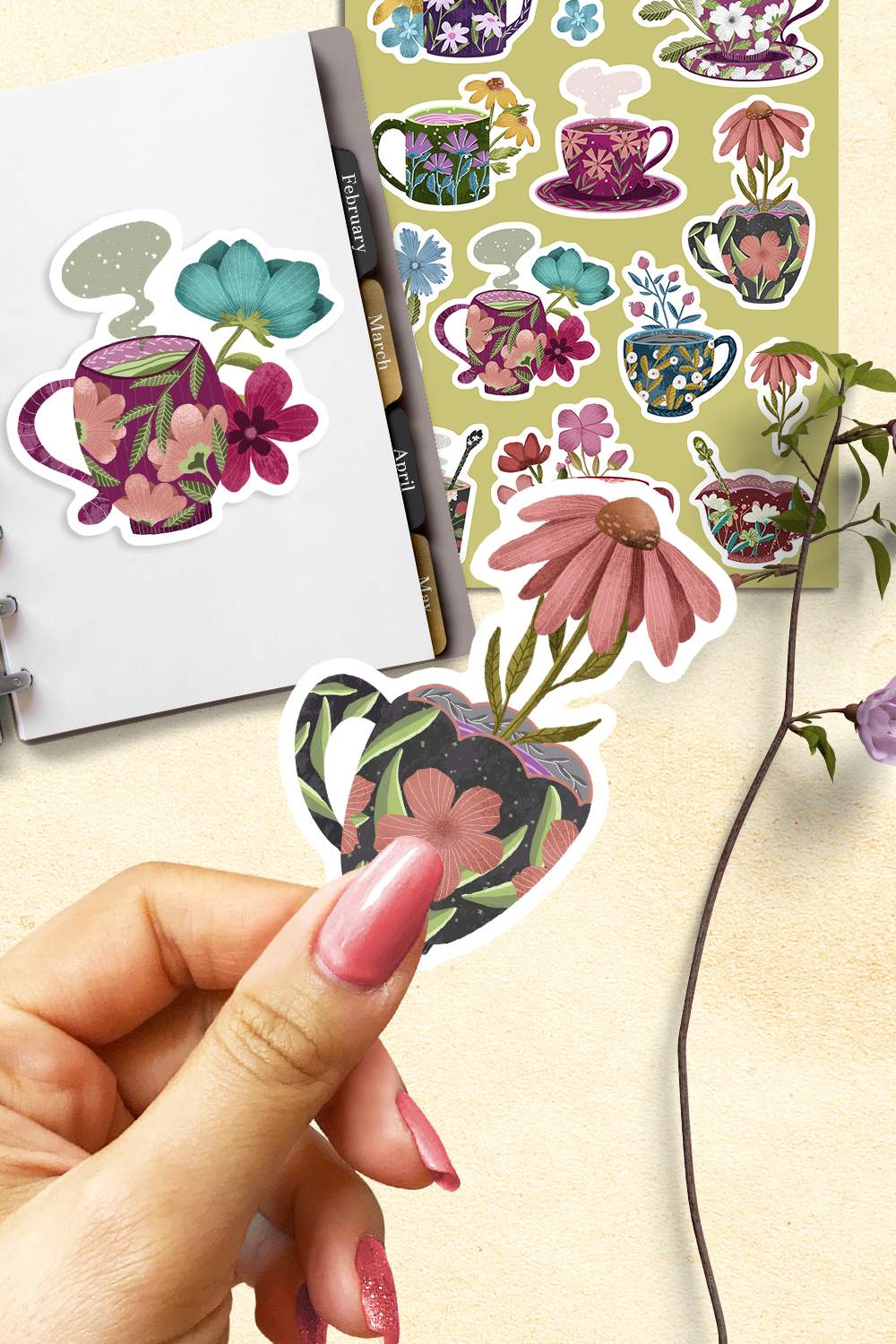 Floral teacup sticker pack pinterest preview image.