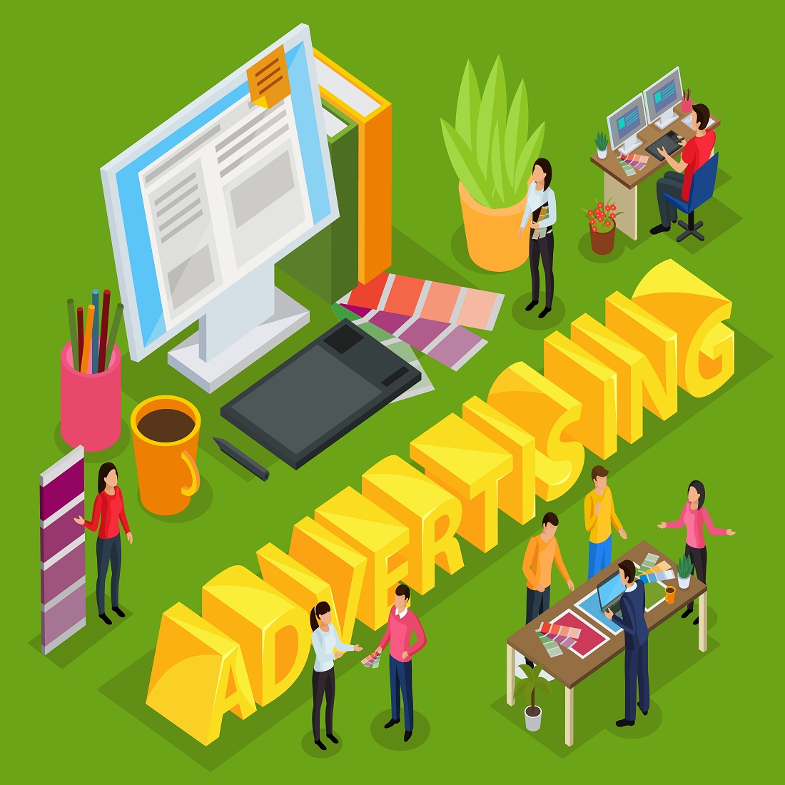 advertising isometric composition with staff ad agency work place designer 637