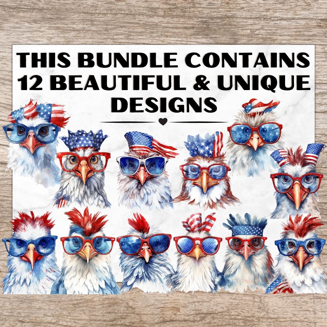 12 American 4th of July Chicken PNG, Watercolor Clipart, Chicken & Rooster with glasses, Transparent PNG, Digital Paper Craft, Illustrations, Watercolor Clipart for Scrapbook, Invitation, Wall Art, T-Shirt Design preview image.